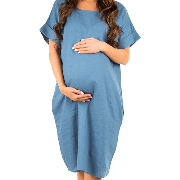 Zenana Outfitters Dresses & Skirts - Final Price💓2X HOST PICK💓 Zenana blue linen blend maternity dress w/ pockets S